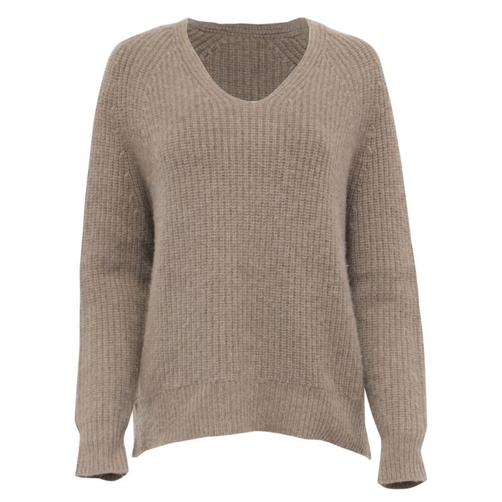 Nili Lotan V-Neck Cable Knit Sweater in Brown Cashmere